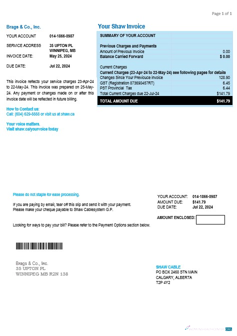 Download Canada Shaw business utility bill template in Word and PDF formats Photoshop template